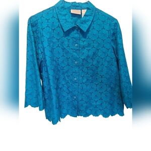 Vintage 90s Liz Claiborne 3/4 Sleeve Floral Emboridery Button Down Shirt Size 8